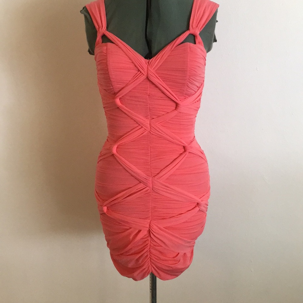 bebe coral ruched fitted mini dress